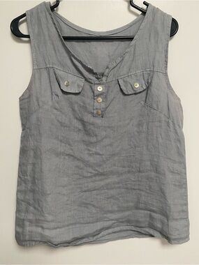 Sleeveless GrayLinen Button-Front Tank Top - Made in Italy
